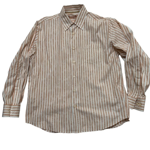 Tommy Bahama Palm Tree Embroidered Striped Cotton/Silk Blend Button Down Shirt - Picture 1 of 11